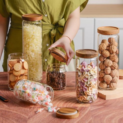 Glass Storage Containers Set, High Borosilicate Glass Jars with Wooden Lids for Kitchen Food Canisters, Coffee Beans,