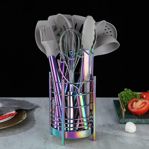 Rainbow Kitchen Utensil Holder for Counter, Stainless Steel Crocks with Rainbow Titanium Coating, Easy Cleaning