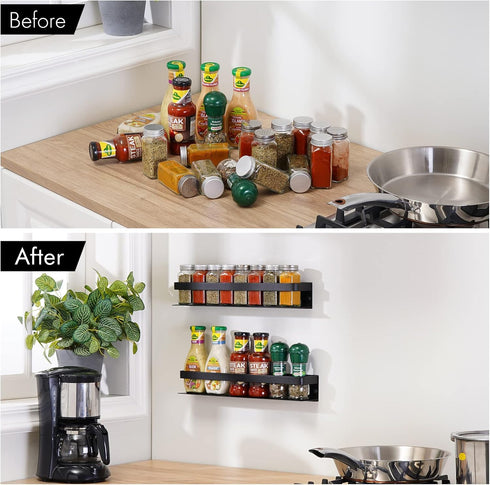 KES 16 Inch Aluminum Spice Rack Organizer, Wall Mount Seasoning Holder, Anodized Black, 2 Pack, KSR401S40-BK-P2