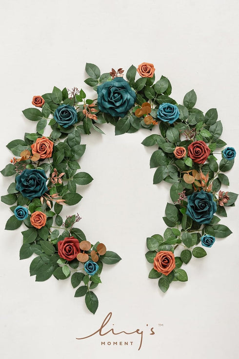 5FT Ling's Moment Teal Blue Artificial Flower Garland Burnt Orange Rose Eucalyptus Leaves Floral Garland Arch Flowers