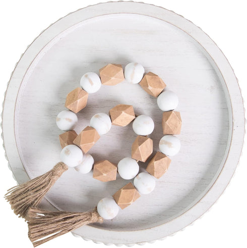 12in HPC Decor Round Wood Tray - White, Distressed, Farmhouse Rustic - Decorative Tray for Living Room, Coffee Table