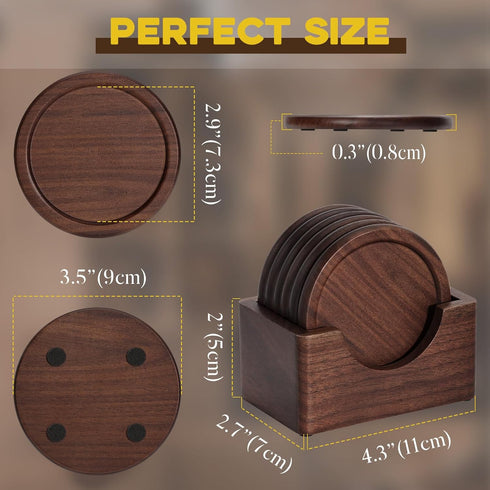 Set 6 Wood Coasters with Holder, GOH DODD of Walnut Wooden Coaster Tabletop Protection for Drinks Coffee Table Home