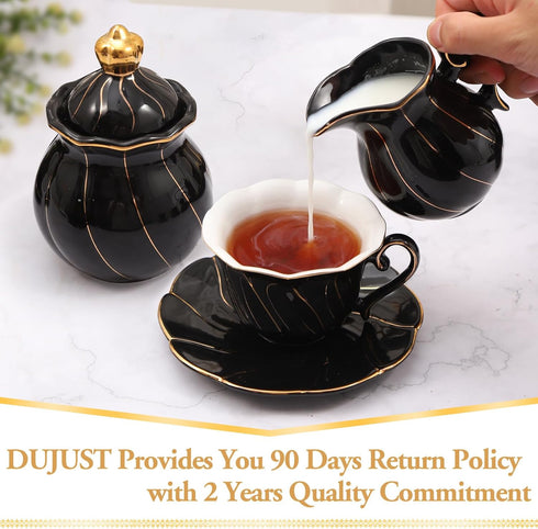 Set, 1 (12 OZ), 1 (8 OZ), Set, DUJUST Black Cream & Sugar Luxury British Design in Golden Trims, Sugar Bowl with Lid