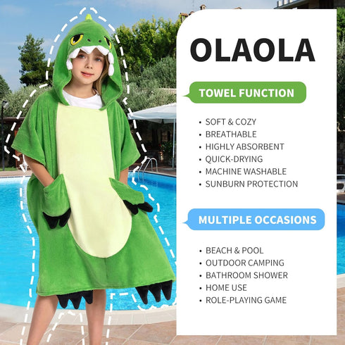 3-12 OLAOLA Dinosaur Hooded Kids Beach Towels for Years Boys Girls, Soft Absorbent Kids Hooded Bath Towel Wrap, Toddler