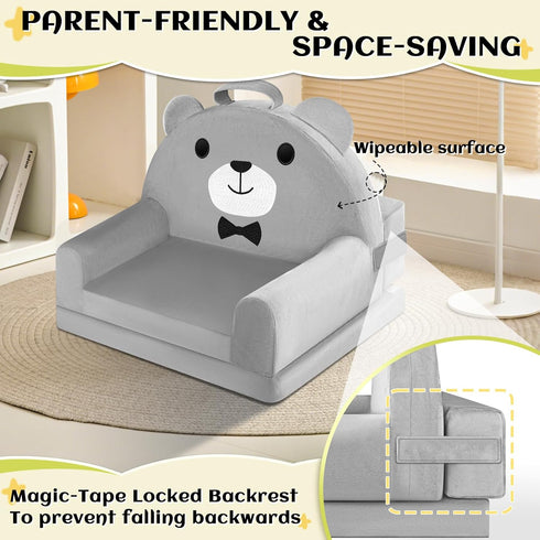 Cozy Kids Sofa Bed with Removable Washable Cover & Magic-Tape Backrest Foldable Toddler Chair Kid Couch, Crystal Velvet