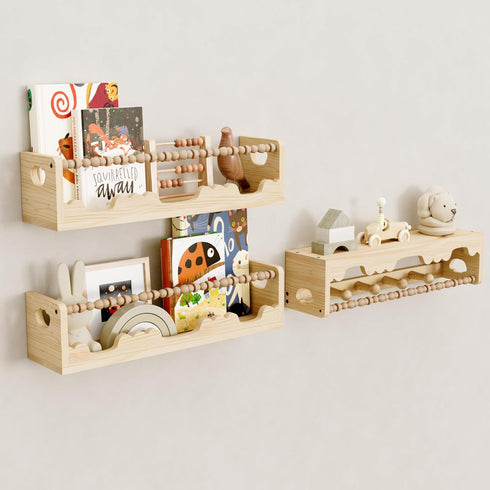 Wall,3 Pack Nursery Shelves for Pine Wood Nursery Floating Book Shelves,Scalloped Floating Shelves for Living Room