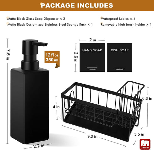 12 oz 350 ml Set, Set GMISUN Dish Soap Dispenser, fl / Dual Kitchen Soap Dispensers with Sponge Holder, Customized