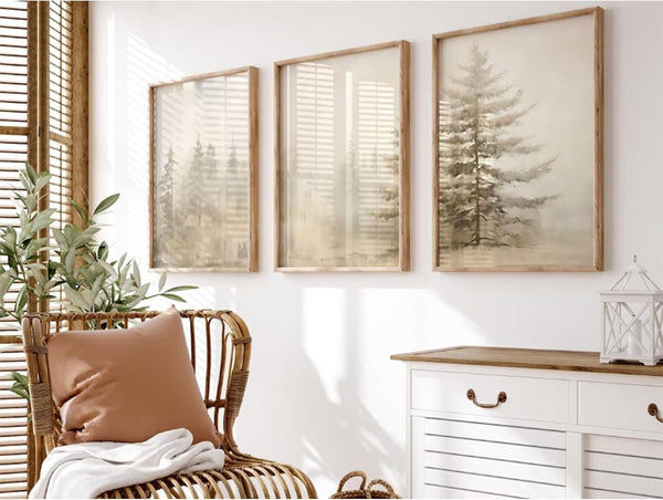 Foggy Forest Wall Art Decor, 12x16 Inch Unframed Set of 3, Nature Landscape Canvas Pictures, Vintage Artwork Poster