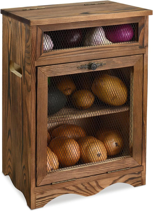 Ikee Design Wooden Countertop Potato and Onion Storage Bin, Rustic Color, 11.8W x 6.8D x 16H in