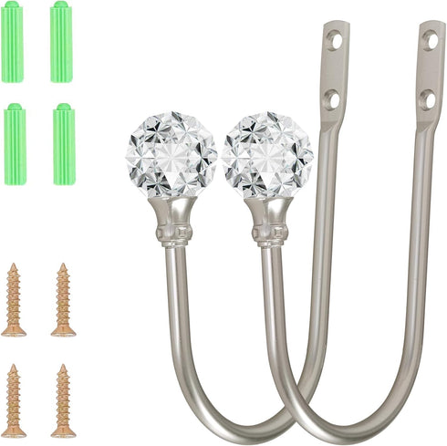 Curtain Holdback, 2pcs Wall Mounted Drapery Tiebacks with Clear Crystal Ball, Heavy Duty Metal Decorative Curtain