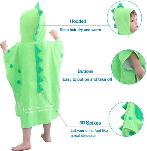 LOLANTA Hooded Dinosaur Children's Bath Towels, 100% Cotton Beach Towel for Boys, Green, 4-6 Years