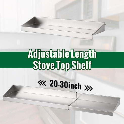 30" RECAPS Adjustable Length Stove Top Shelf - Stainless Steel Stove Shelf, Spice Rack Over Stove for Kitchen Stove