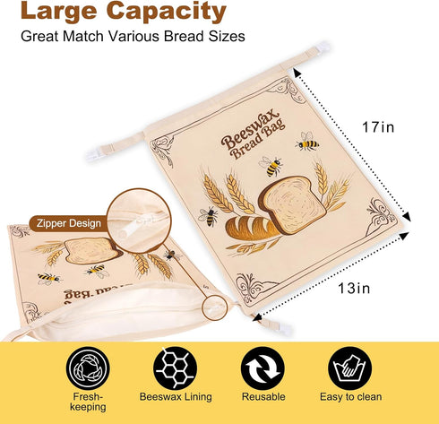 Nedsewor 2 Pack 17inx13in Reusable Beeswax Bread Bags for Sourdough, Bread Bags for Homemade Bread, XL Natural Beewax