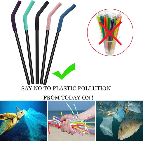 Senneny Set of 5 Stainless Steel Straws with 2 Cleaning Brushes, 1 Portable Bag, Silicone Flex Tips Elbows Cover
