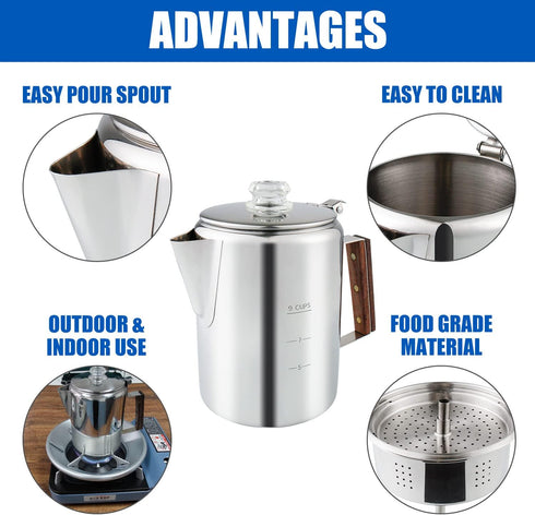 Camping Coffee Pot 9 Cups, Stainless Steel Coffee Percolator with Clear Top Glass Knob for Stovetop or Campfire Brewing