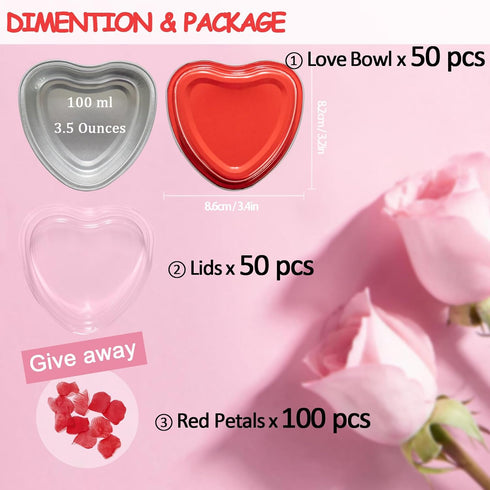 Heart Shaped Cake Pans for Baking with Red Petals, BLVRYVIO 50 Sets Aluminum Cupcake Cups with Lids, 100 ml/ 3.5 Ounces Red Disposable Mini Foil Pans for Valentine's Day Wedding Parties by BLVRYVIO