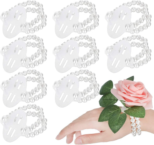 Hicarer 24 Pieces Corsage Wristlet Elastic Pearl Wrist Bands for Wedding DIY Faux Flowers Decor for Beach Party