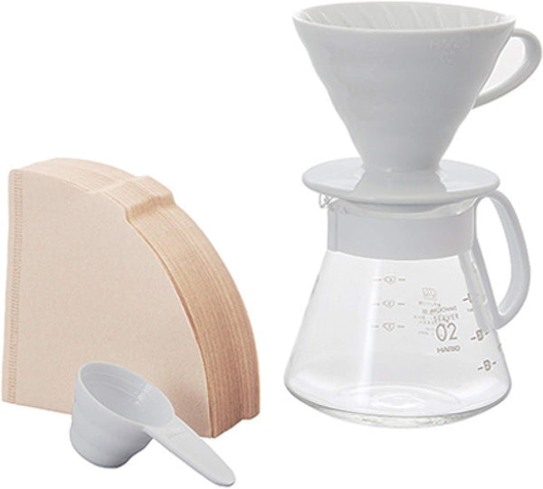 Hario V60 Ceramic Pour Over Coffee Set, Size 02, White