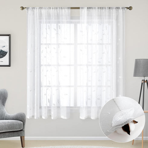 HOMEIDEAS White Sheer Curtains, 52 x 63 Inches, 2 Panels Embroidered Leaf Pattern Faux Linen for Windows