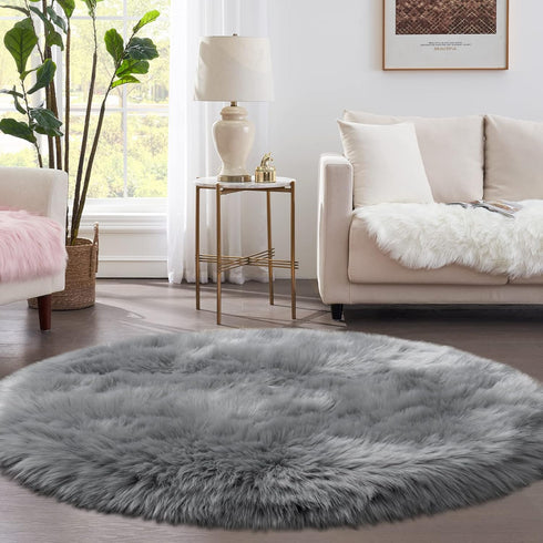 Grey Faux Fur Rug - Fluffy Round Rug for Bedroom, Kids Room, 3X3 Soft Gray Shag Circular Carpet for Nursery