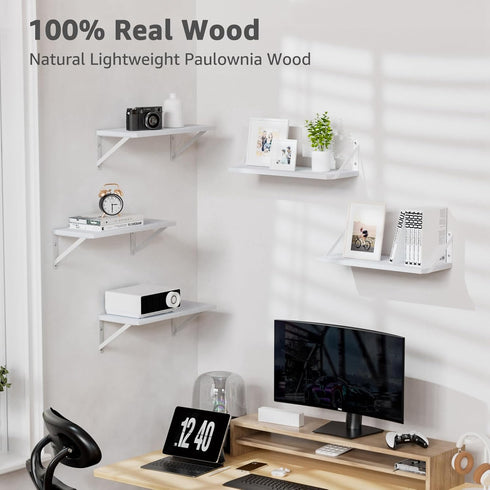 COCOYA 7.3" Set 3, Wall Shelves Deep of Solid Paulownia Wood Wider Longer Sturdy Easy to Install Wall Mounted