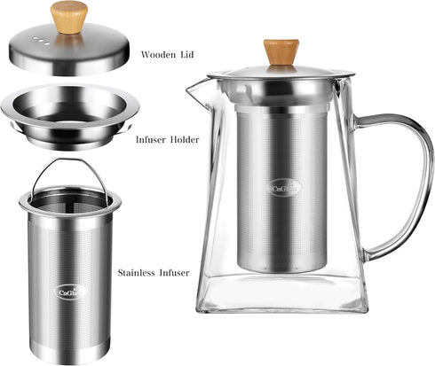 CNGLASS 24oz Glass Teapot with Infuser, Clear Kettle with Removable Stainless Steel Strainer, Stovetop Safe