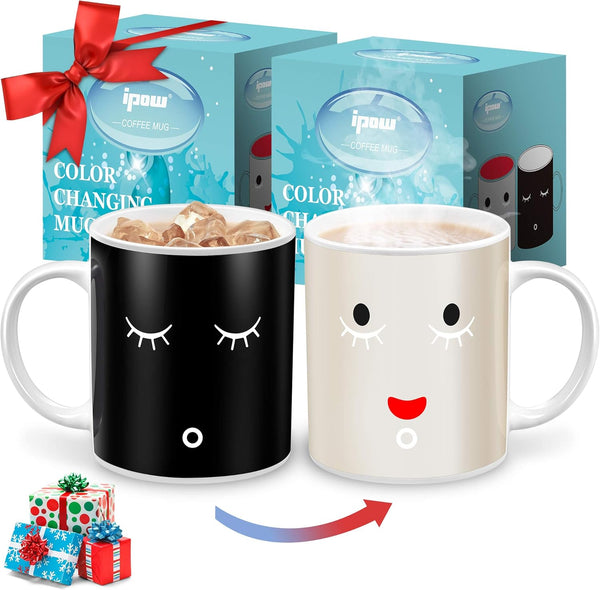 IPOW 2 Pack Color Changing Magic Mug, Heat Sensitive Ceramic Coffee Mugs, 12 Oz