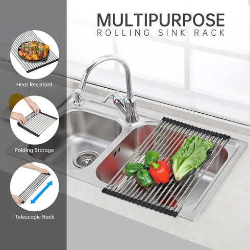 Expandable Large Roll Up Dish Drying Rack, Collapsible Over The Sink Non-Slip Silicone Rack for Kitchen