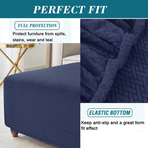 HFCNMY Stretch Knitted Jacquard Thick Washable Storage Ottoman Slipcover Foot Stool Cover with Elastic Bottom Blue