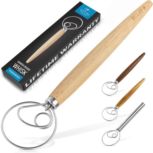 Zulay Kitchen 13-Inch Danish Dough Whisk, Wooden Whisk with Stainless Steel Dough Hook for Sourdough and Pastry