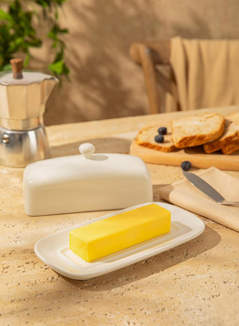 7.8 Inch Sweese Butter Dish with Lid, Porcelain Butter Keeper, Butter Holder with Handle Cover, Butter Container