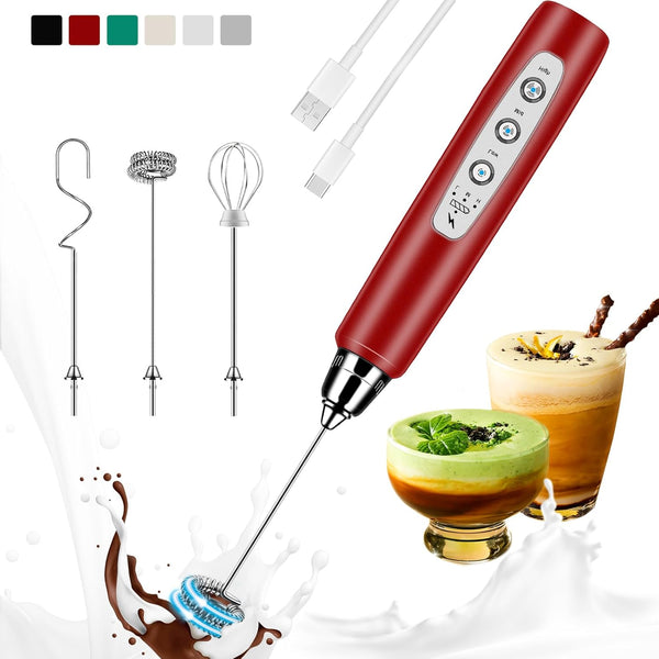 Milk Frother Handheld Rechargeable, Electric Whisk for Coffee, Detachable with 3 Stainless Whisks, No Stand, Red
