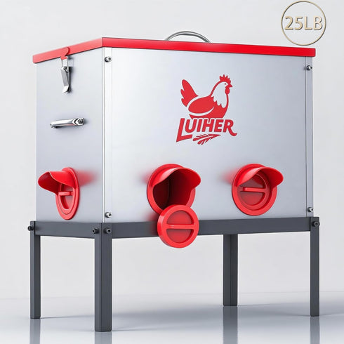 LUIHER 25LB 6 chicken food dispenser no waste chincken feeder Ports Large Capacity Galvanized Metal Poultry Feeder