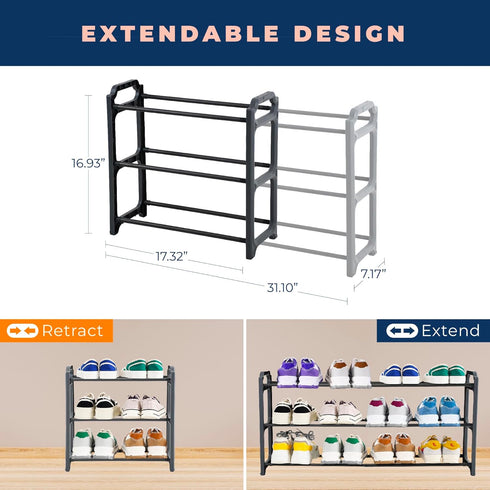 3-Tier Closet, (CSR-01) Happhom Expandable Shoe Organizer - Space Saver Shoe Shelf with Smart Design for Entryway
