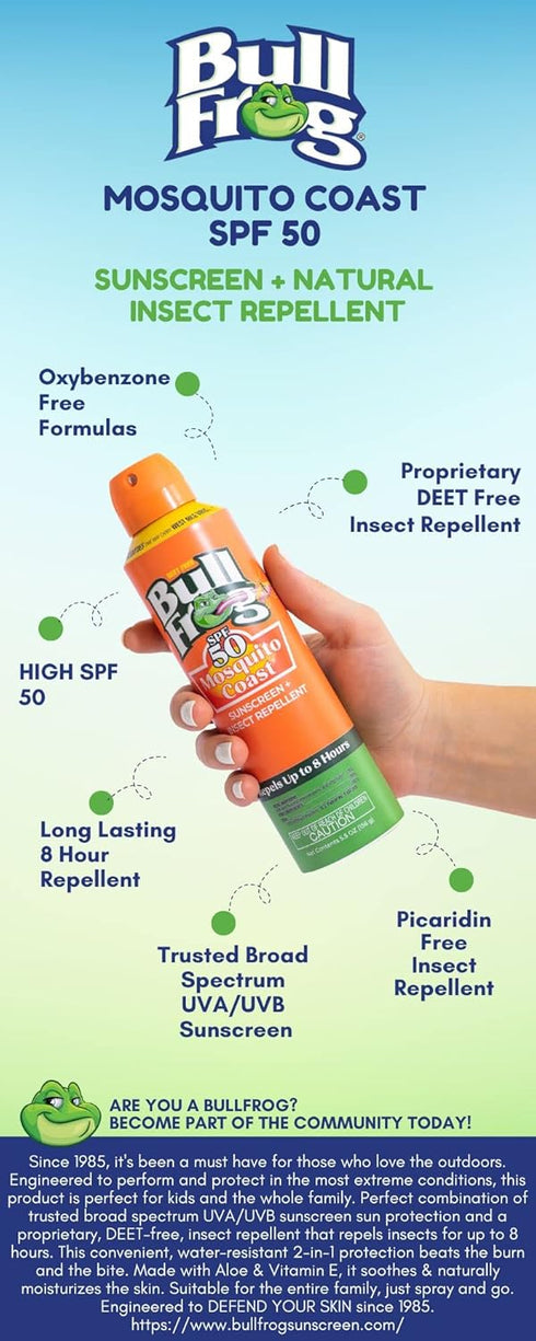 50, 5.5oz Bullfrog Mosquito Coast Bug Spray Insect Repellent + Sunscreen SPF Continuous Spray
