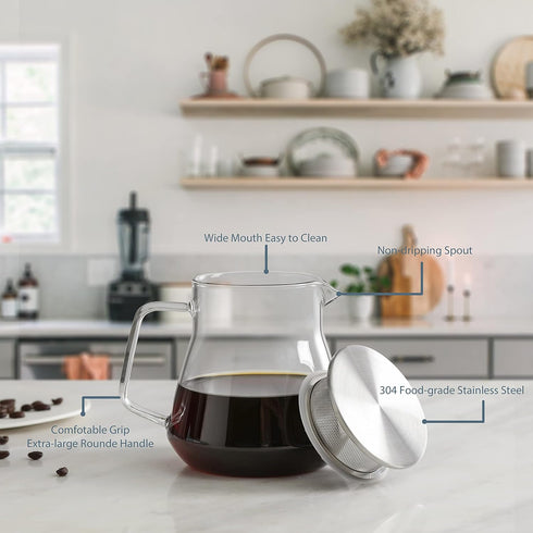 CNGLASS One-Touch Glass Tea Maker, 20oz (600ml) Glass Teapot with Stainless Steel Filter Lid