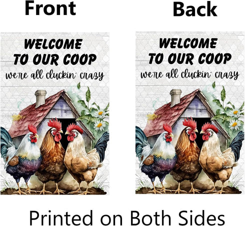 Welcome To Our Coop Chicken Garden Flag, 12x18 Inch Double Sided Rustic Rooster Yard Flag