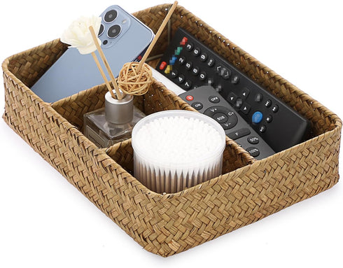 BTSKY Desk Drawer Organizer Tray, Coffee Station Organizer Tea Bag Organizer, Woven Seagrass Storage Basket with 4 Divided Sections Handwoven Wicker Storage Basket for Shelves, Pantry, Coffee Bar by BTSKY