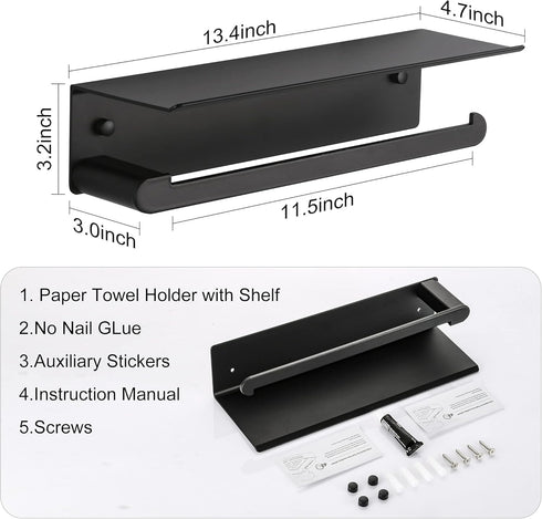 Paper Towel Holder Wall Mount for Kitchen, Self-Adhesive Paper Towel Holder with Shelf for Bathroom, Anti-Rust