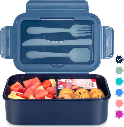 Caperci Classic Bento Box Adult Lunch Box, 47 oz Leakproof 3-Compartment Container for On-the-Go Eating, Navy Blue