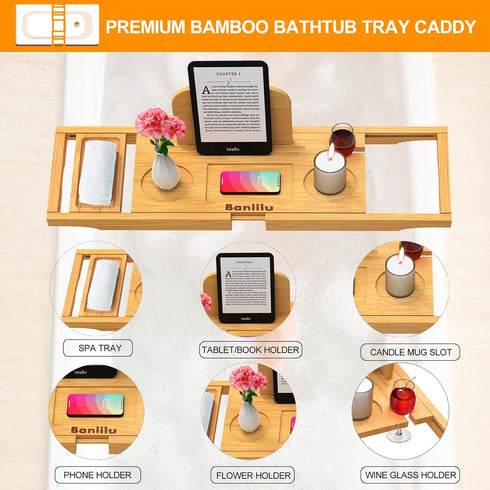 Premium Bamboo Bathtub Tray Caddy - Expandable Bath Tray Table for Most Bathtubs