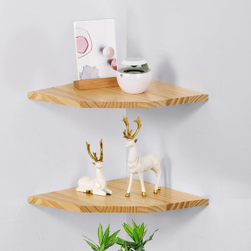 Set 2, (12 inch) Wood Corner Wall Shelves of Solid Wood Corner Floating Shelves, Round End Wall Mounted Floating Corner