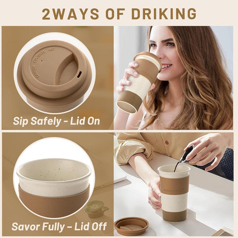 Set, Nucookery Ceramic Travel Coffee Mug Coffee Tumbler with Silicone Lid and Non-Slip Sleeve, Unique To Go Mug, Gifts