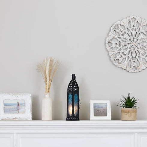 Zingz & Thingz Decorative Light Candle Lantern Holder, Moroccan Style, 13" Tall, Black with Blue Glass