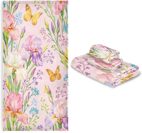 Set Set 3, 1 1 1 ALAZA Chic Iris Purple Flowers and Yellow Butterflies Bath Towel Luxury Decorative of Bath Towel Hand
