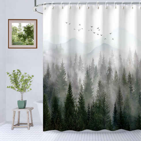 RosieLily Mountain Shower Curtain, Misty Forest Tree Foggy Design Art for Bathroom with Hooks (60 inch Waterproof)