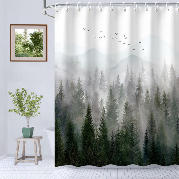 RosieLily Mountain Shower Curtain, Misty Forest Tree Foggy Design Art for Bathroom with Hooks (60 inch Waterproof)