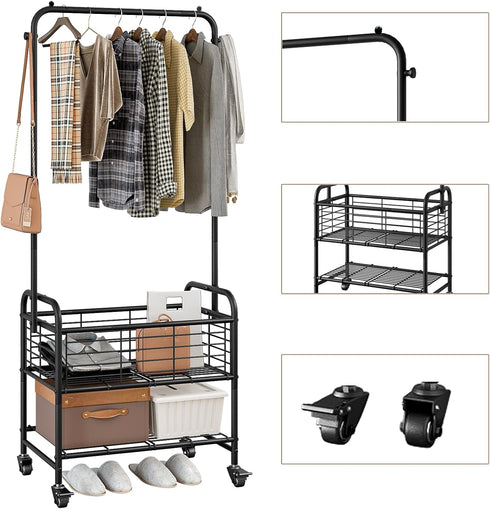 Black Rolling Laundry Hamper with Wheels, Laundry Basket Sorter Cart, Shelf Hanging Rack