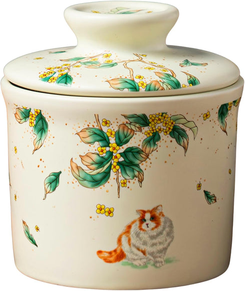 Stoneware Butter Crock with Lid, Ceramic Butter Dish with Water Line, Countertop