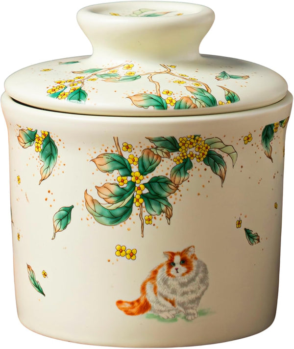Stoneware Butter Crock with Lid, Ceramic Butter Dish with Water Line, Countertop